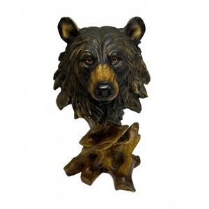 Rustic Bear Head Sculpture Figurine with Wood Base
